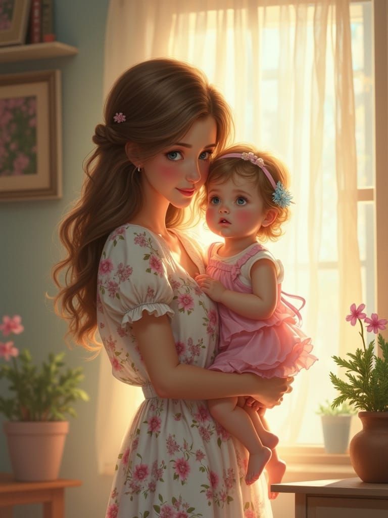 Mother and Toddler in Cozy Home, Digital Painting Style