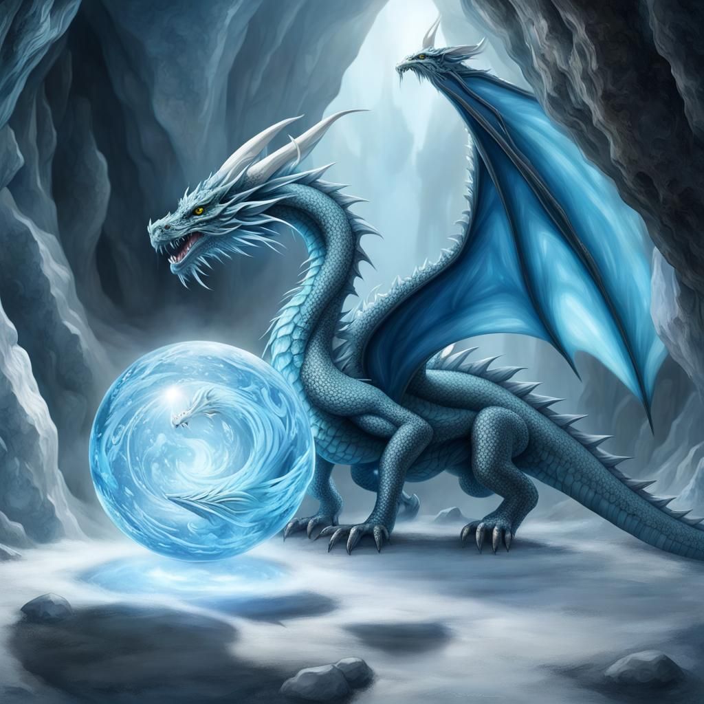 Serene Blue Dragon with Magical Orb in Ice Cave