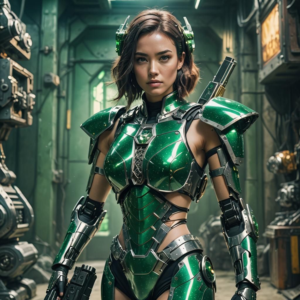 Emerald Armored Robot Girl with Crystal Gun