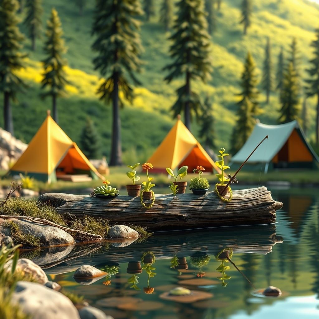 Whimsical Woodland Scene with Lush Foothills and Pine Trees