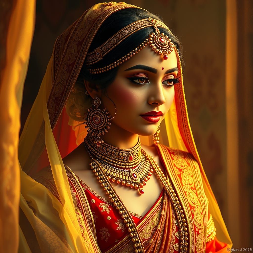 Indian Bride in Lehenga, Raja Ravi Varma Style