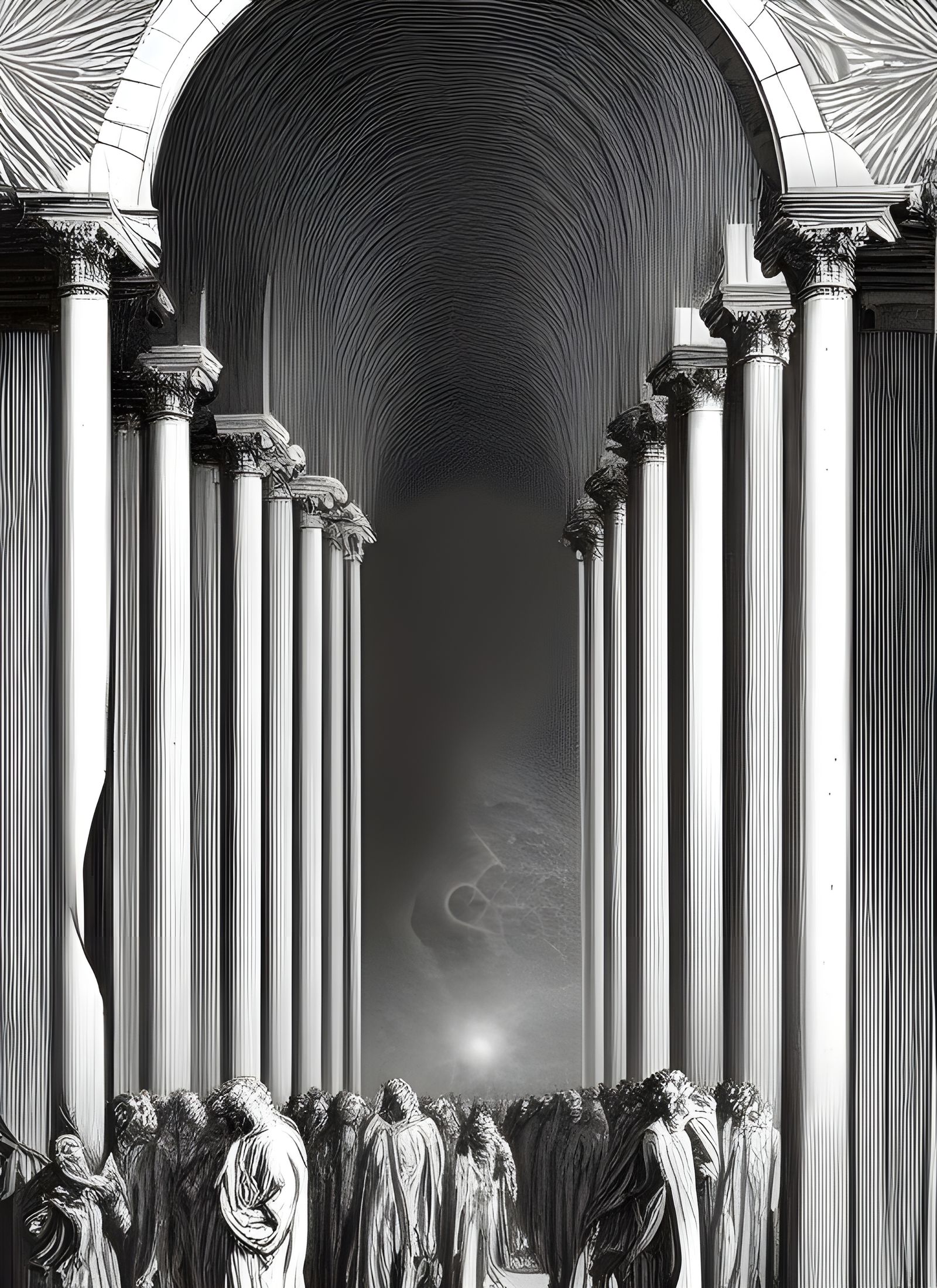 Surreal Arch Network with Bizarre Beings in 3D