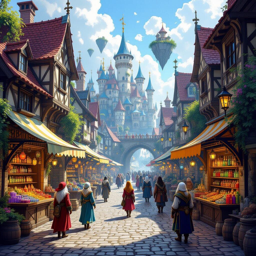 Escher-Inspired Medieval Marketplace of Bottled Dreams