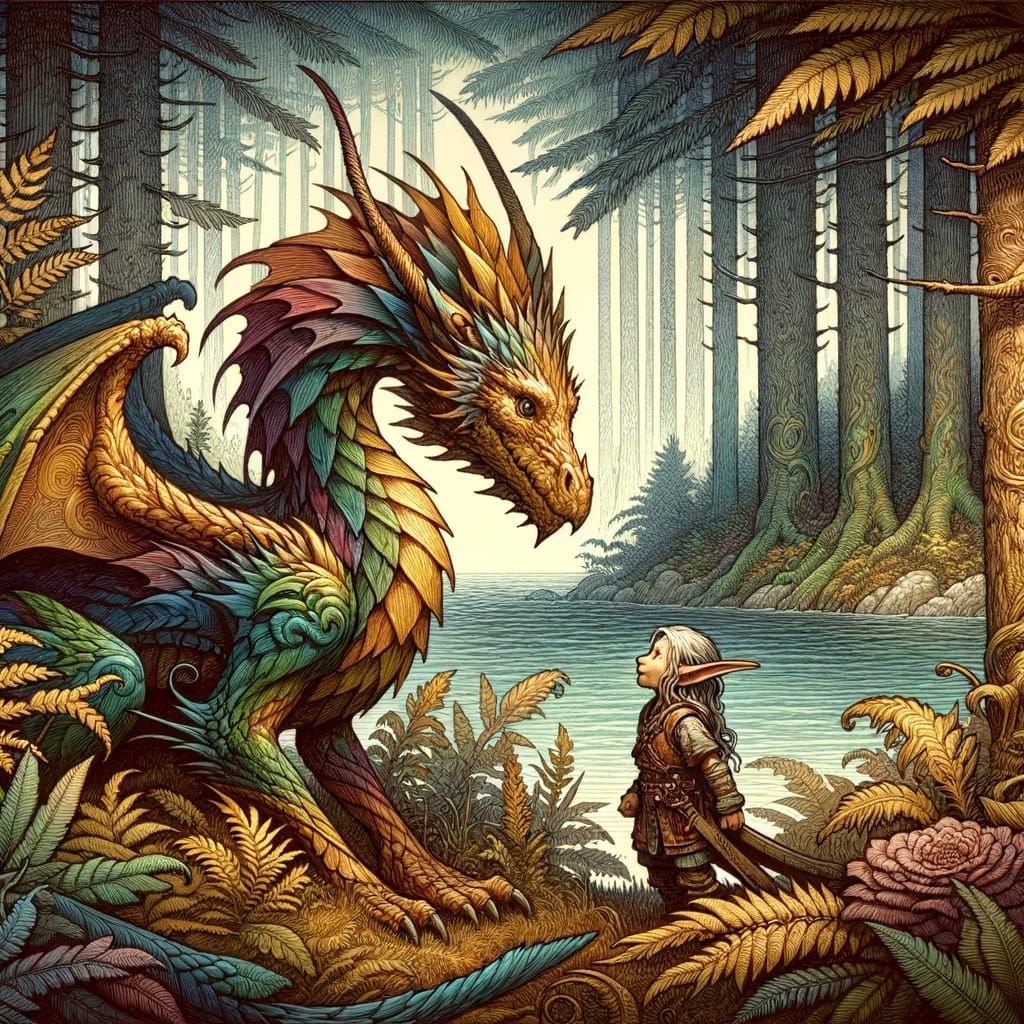 Dragon Surprises Woodland Elf: 19th Century Illustration
