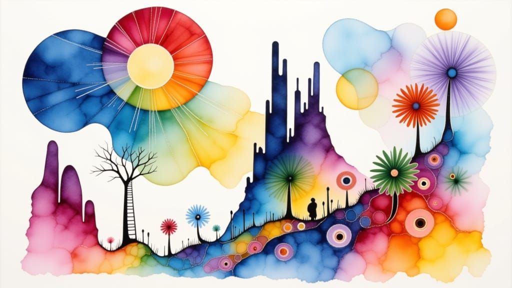 Celestial Beings and Egyptian Sun God in Abstract Watercolor