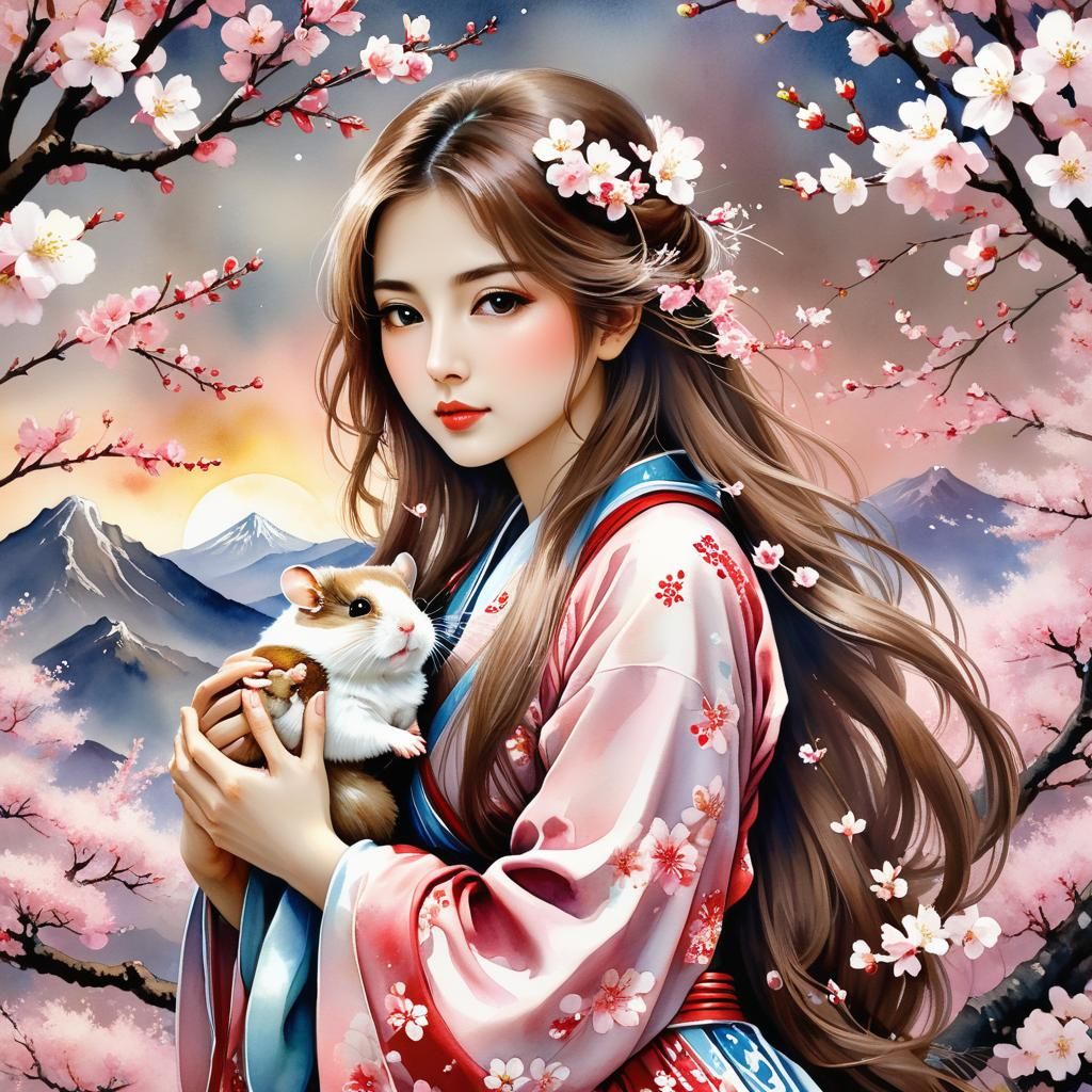 Watercolor Portrait of Woman with Hamster in Japanese Garden