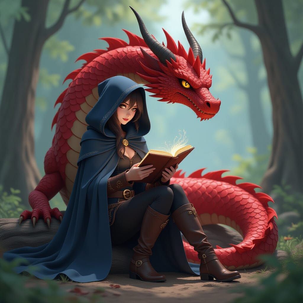 Woman Reading Spellbook With Red Dragon in 3D Anime Style