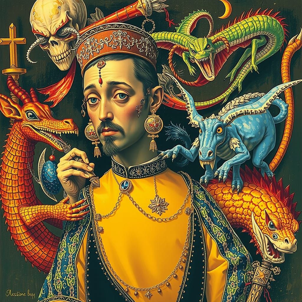 Hieronymous Bosch in Elaborate Attire Among Whimsical Beings...