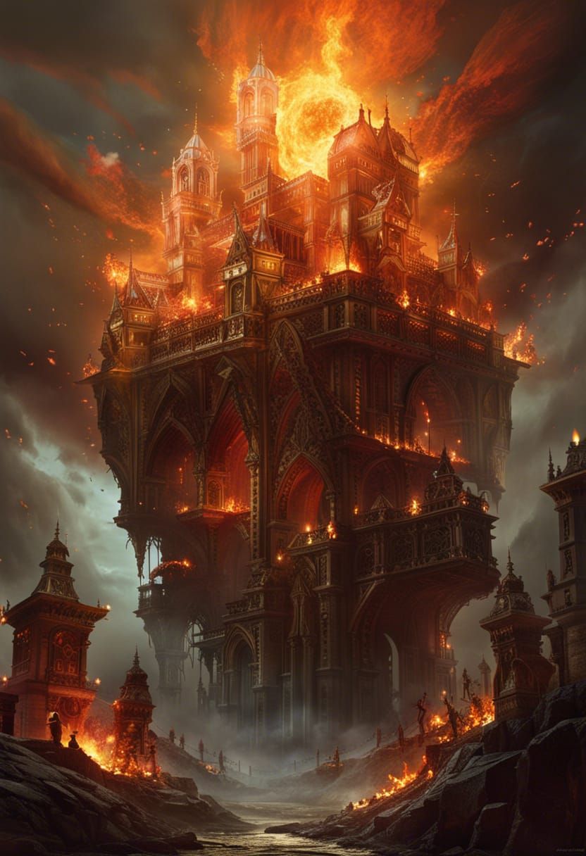 Apocalyptic Gothic Cityscape with Fire Elemental