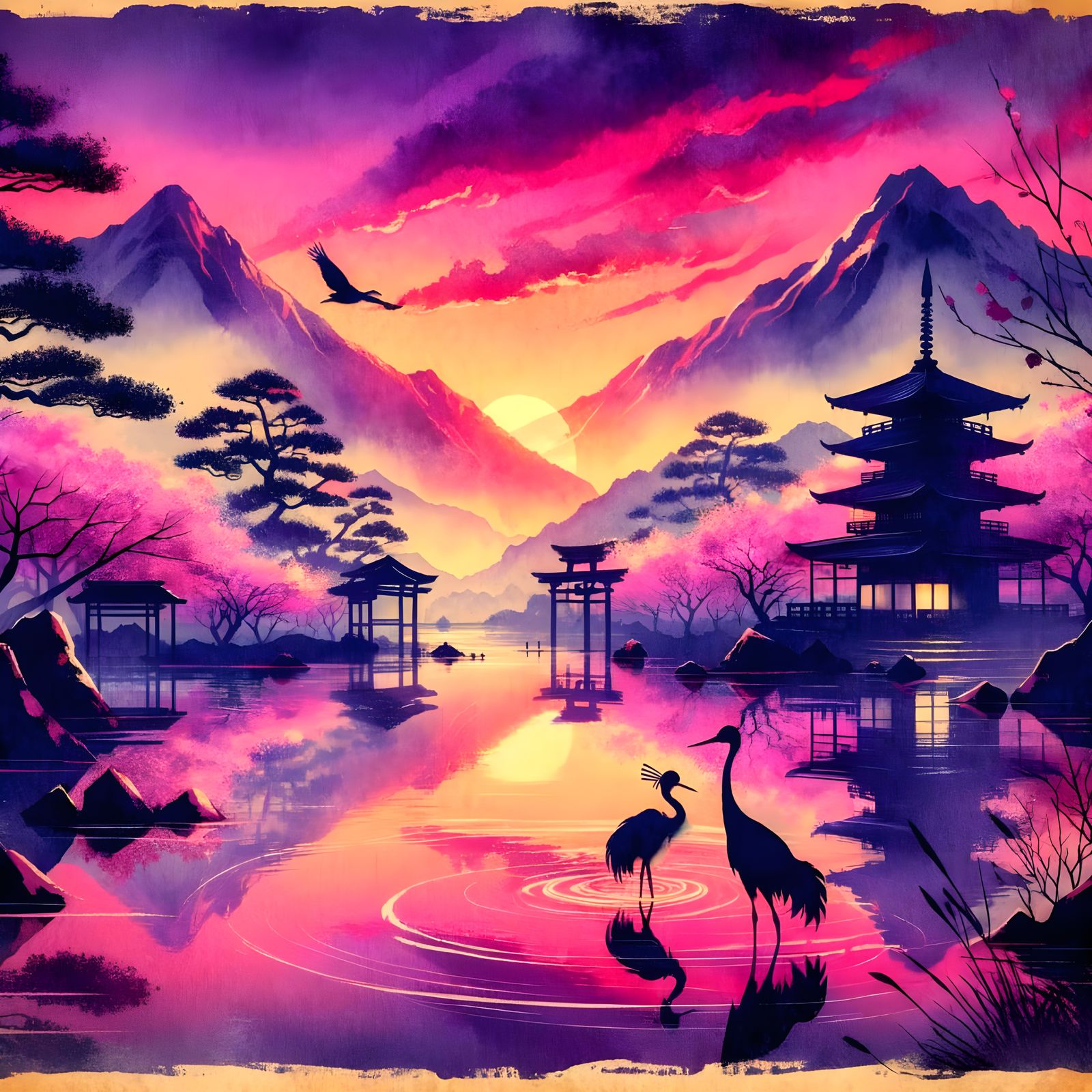 Japanese Sunset with Geisha and Crane, Watercolor Art