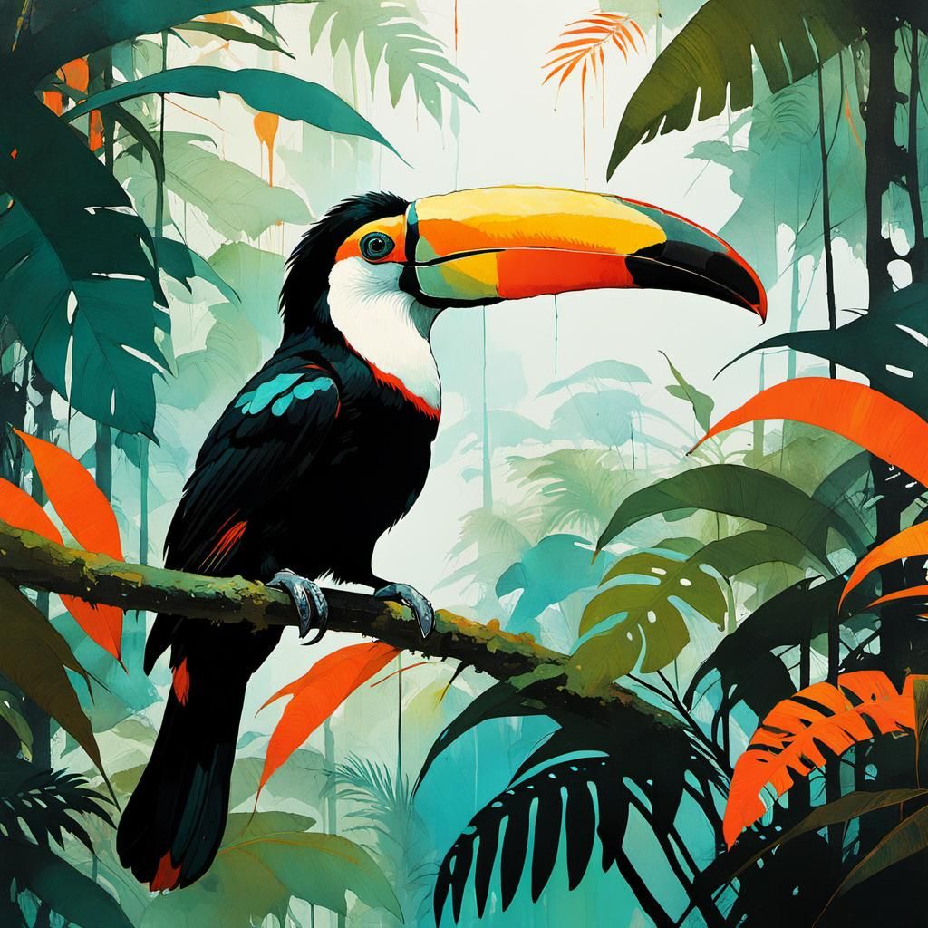 Toucans in Lush Rainforest: Sumi-e Expressionist Painting