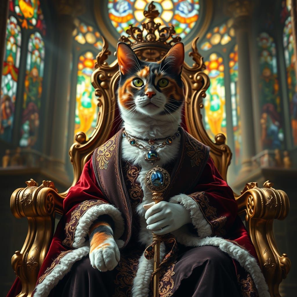 Calico Cat Queen in Baroque Palace, Hyperrealistic Style