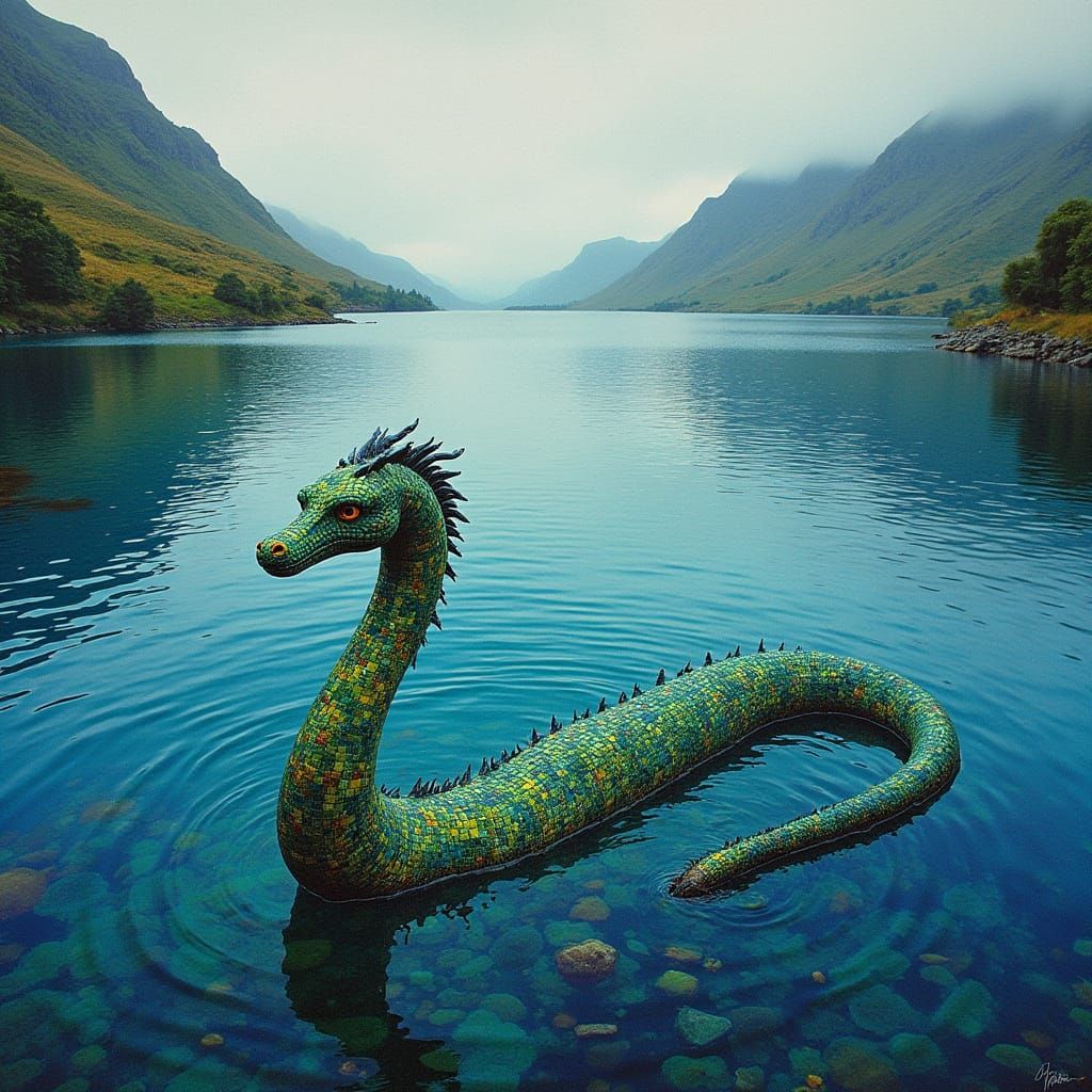 Mosaic Loch Ness Monster in a Gaudí-Inspired Scottish Highla...