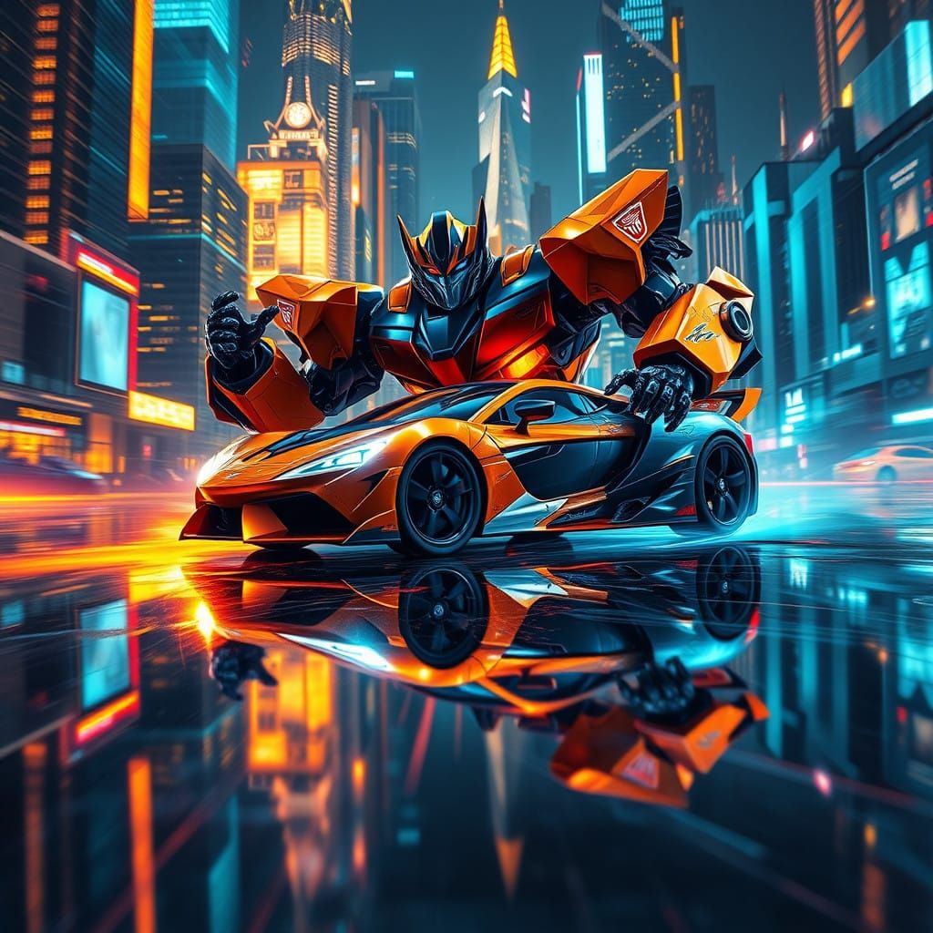 Autobot Jazz in Cyberpunk Cityscape