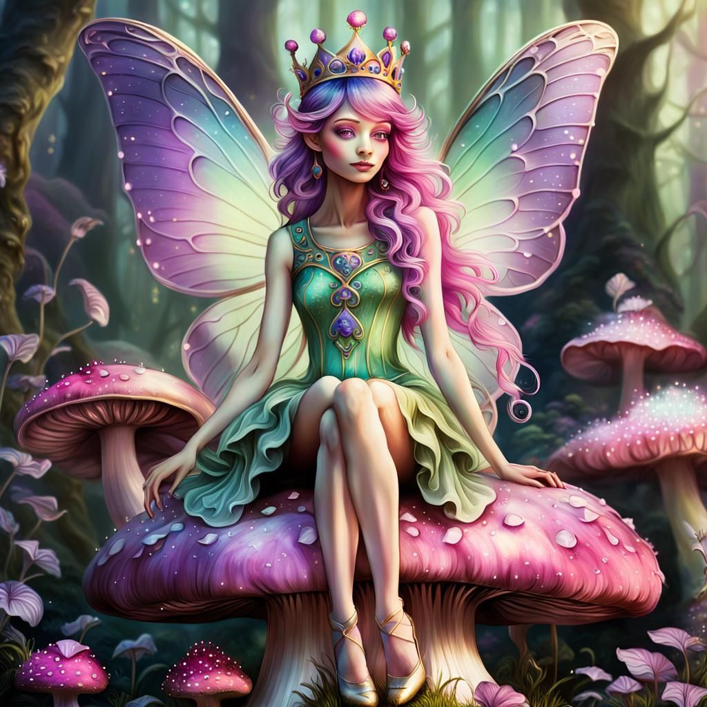Fairy on Mushroom: Whimsical Fantasy Illustration