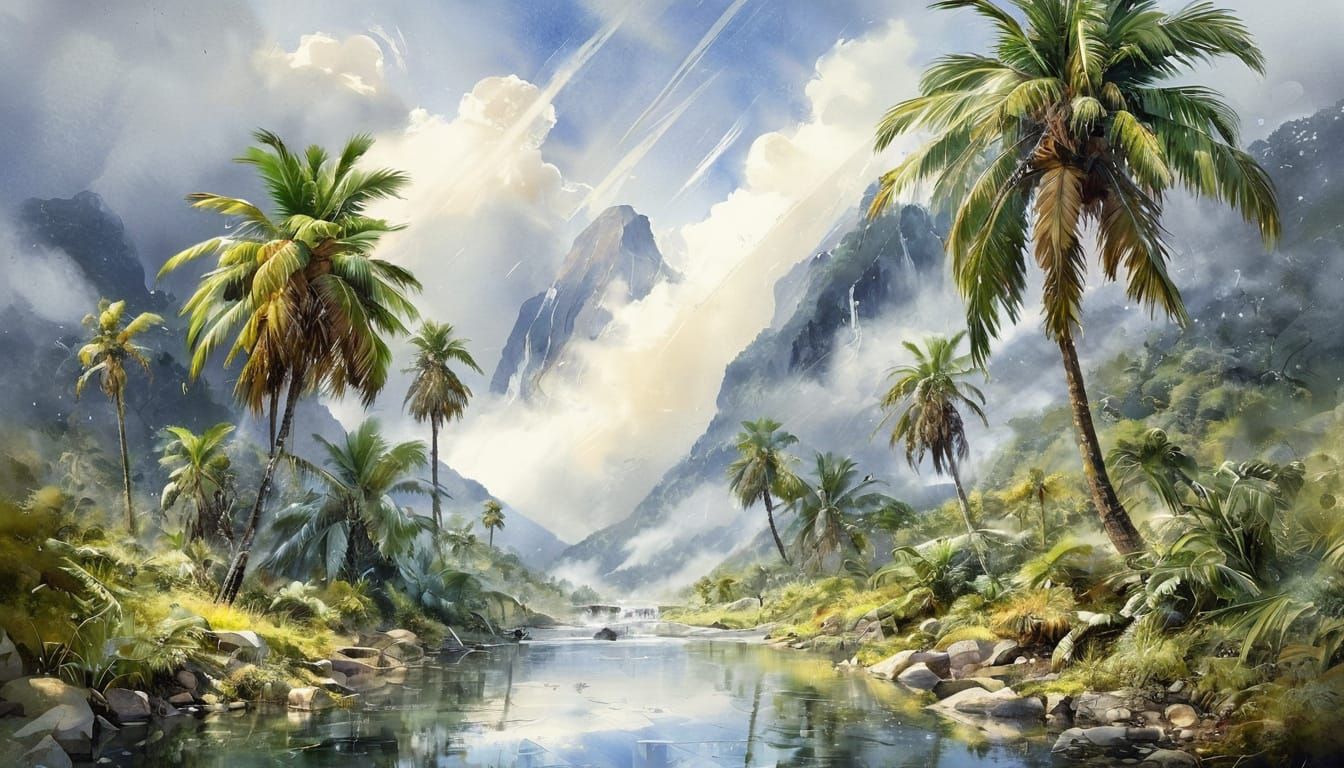 Tropical Rain Shower in Watercolor