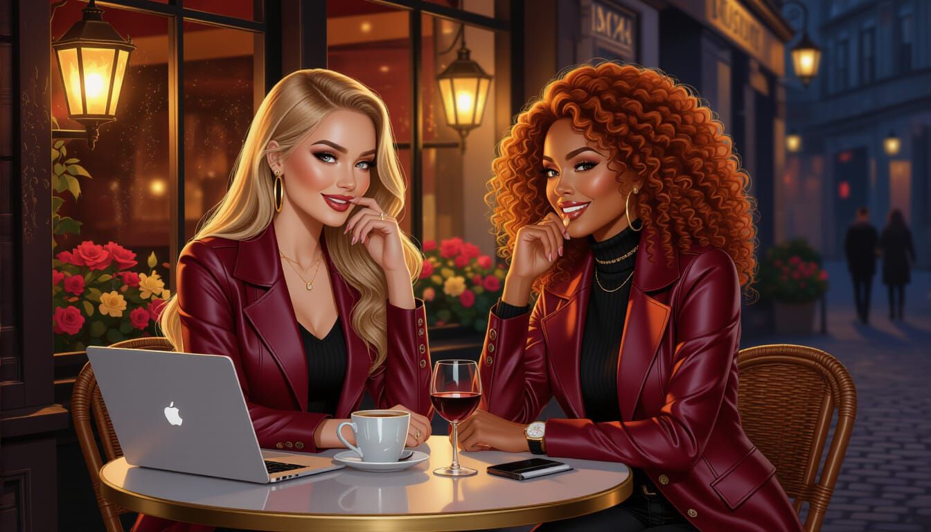 Glamorous Pinup Models Chatting in Cozy Autumn Cafe