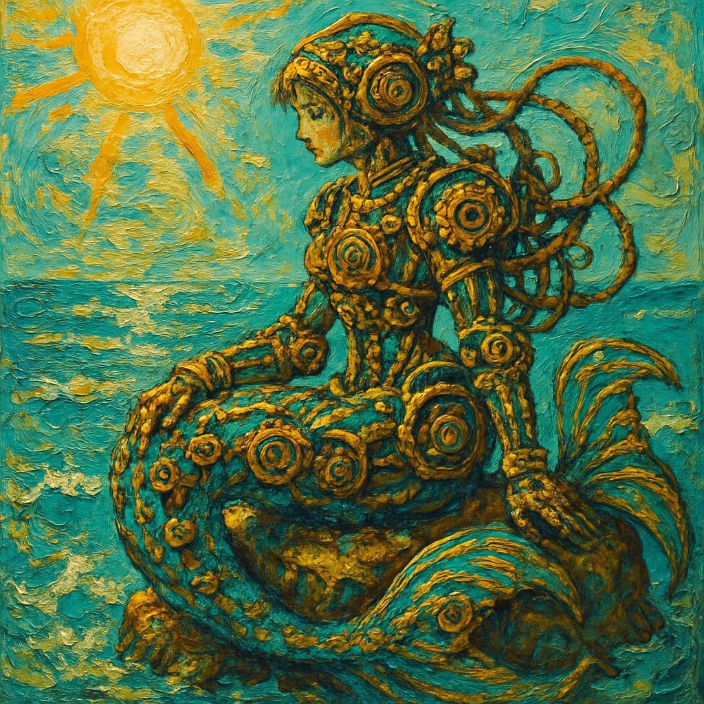Steampunk Robot Mermaid in Teal and Gold Manga Style