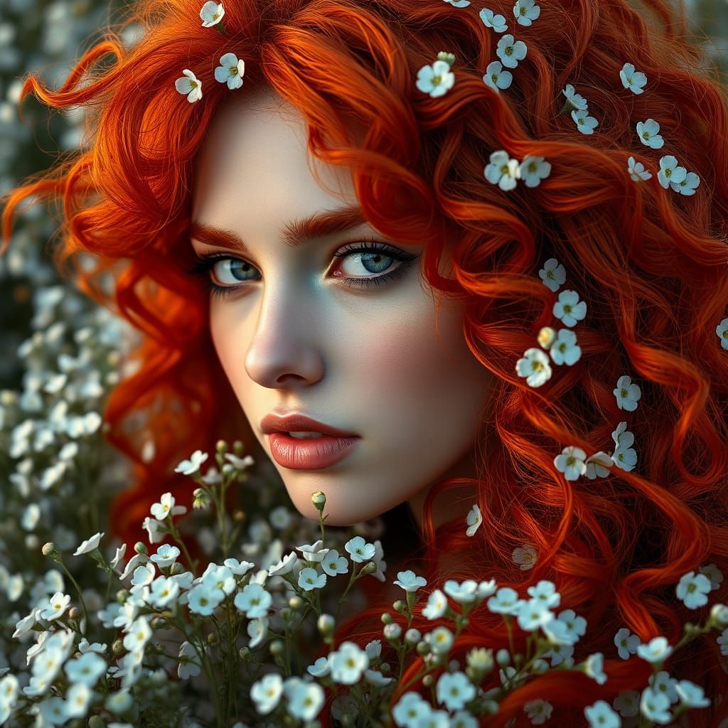 Surreal Goddess Surrounded by Forget-Me-Not Flowers in Golde...