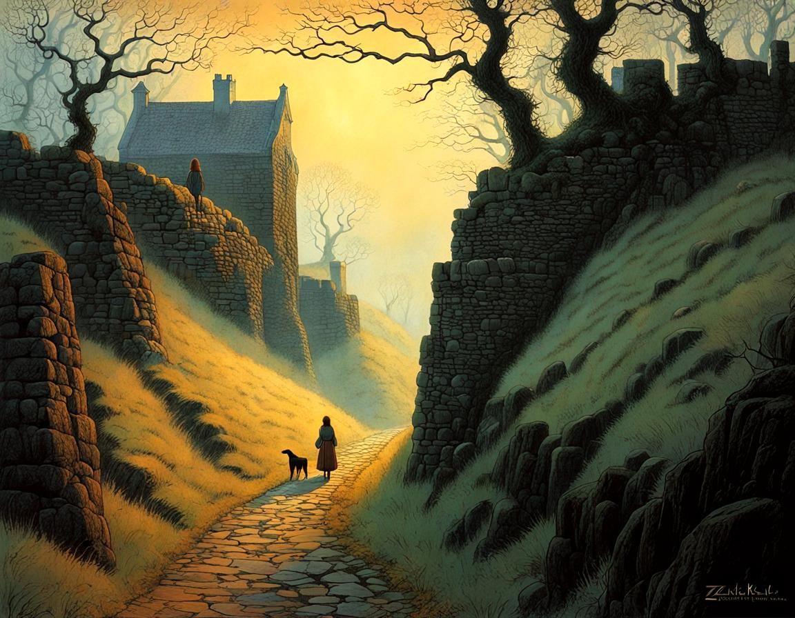 Girl and Dog in Misty Scottish Landscape