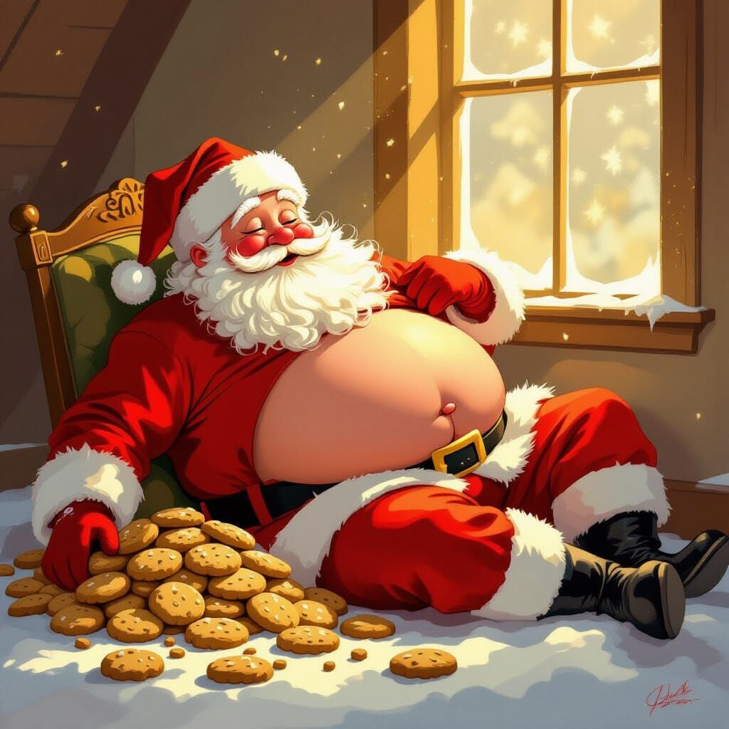 Fat Santa Exhausted After Eating Cookies in Storybook Style