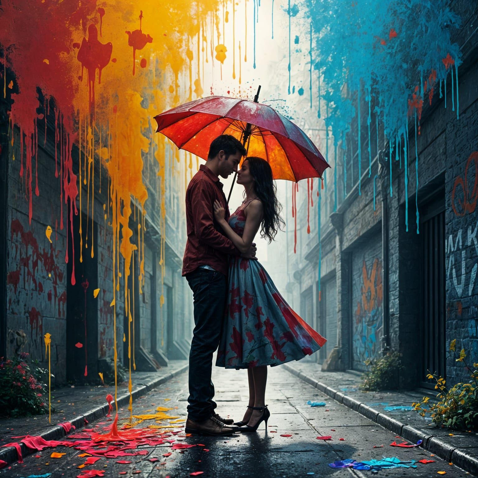 Couple in Banksy Style Under Rainbow Paint Rain