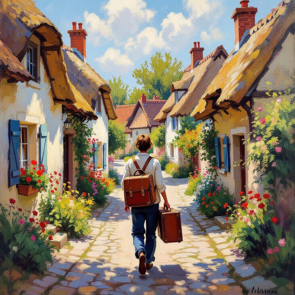 Impressionistic Village Scene with Cobblestone Street