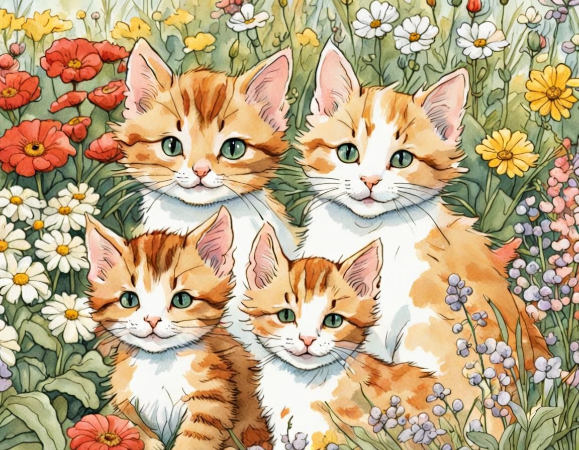 Adorable Kittens in Flower Garden Illustration