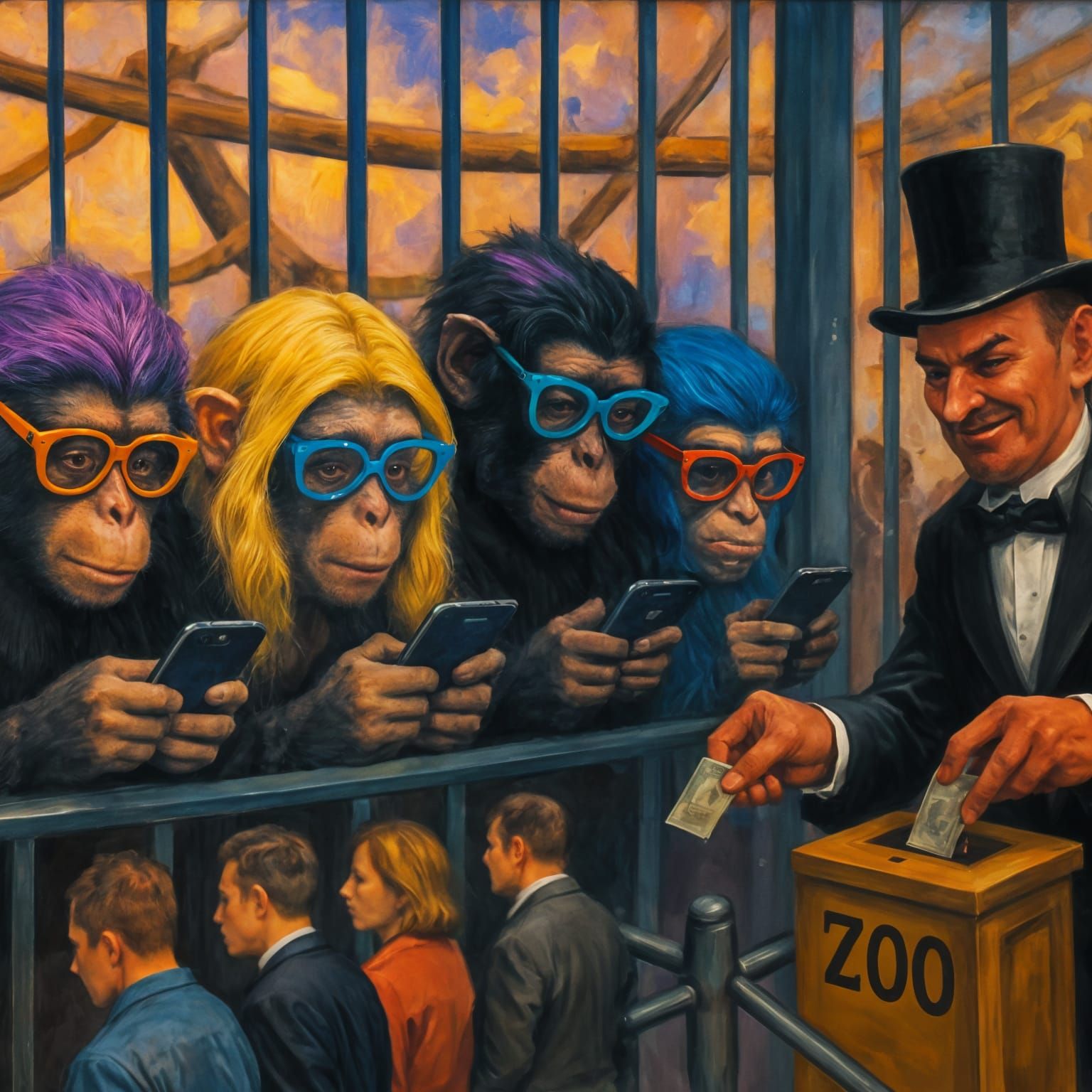 Monkeys Obsessed with Smartphones in Zoo Cage