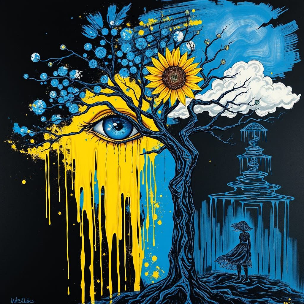 Surreal Blue Tree in Impasto Style with Sunflower Eye