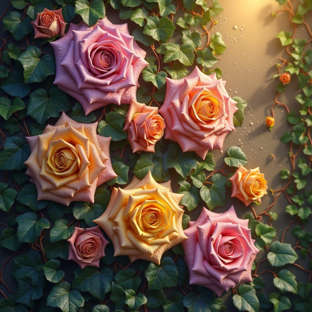 Sunrise Roses with Dewdrops and Ivy