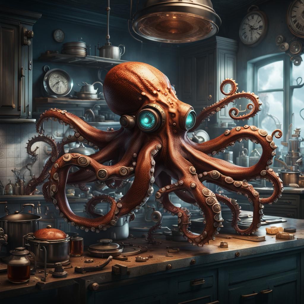 Cyborg Octopus in Kitchen: Detailed Technic Art