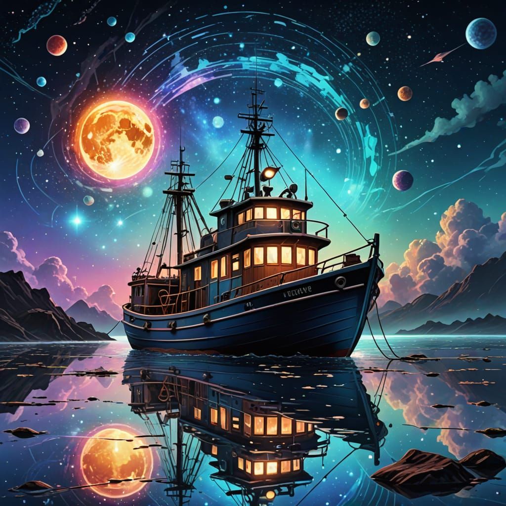 Cosmic Fishing Vessel in Holographic Splendor
