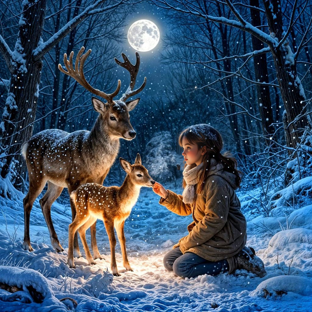 Magical Winter Night: Girl Meets Glowing Fawn