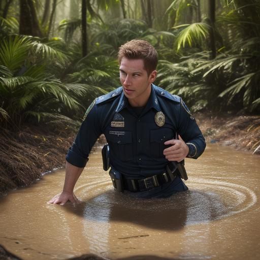 Male Cop Sinking in Quicksand: Vivid Forest Photography