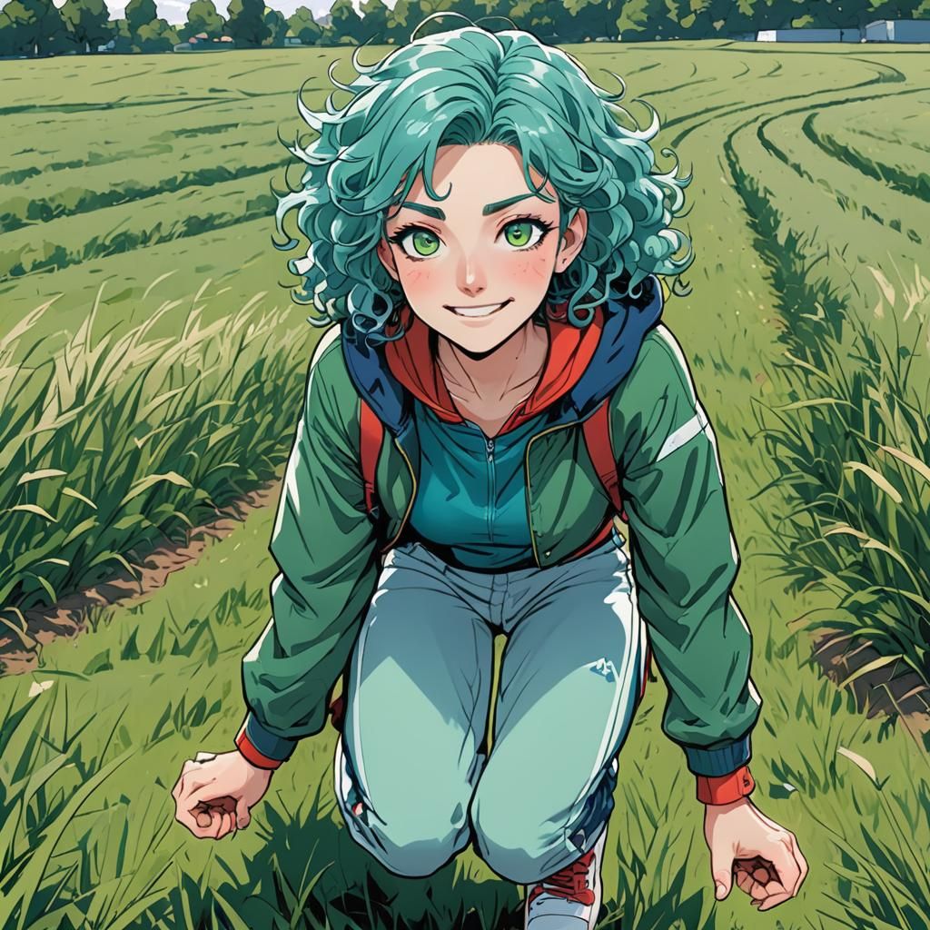 Anime Girl Ready to Run in Green Field