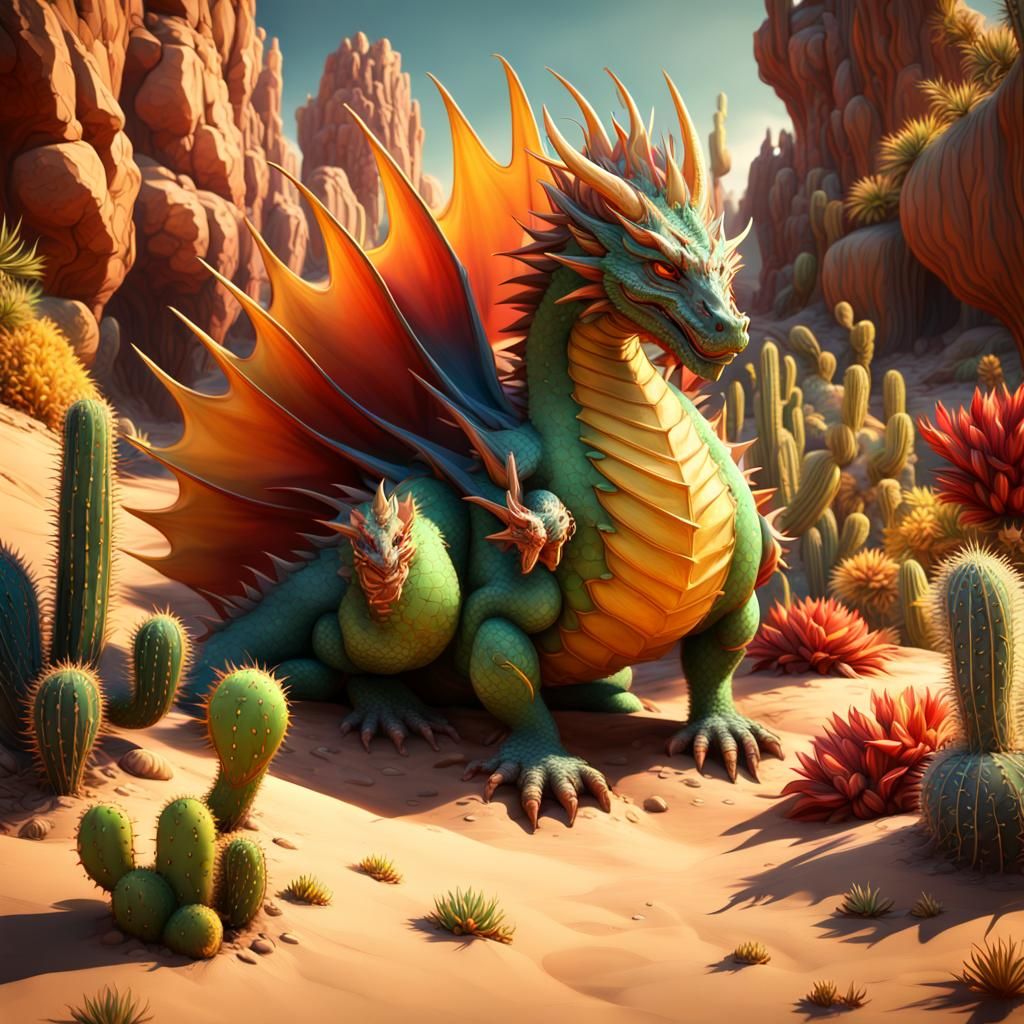 Colorful Dragon in Desert Landscape, Matte Painting