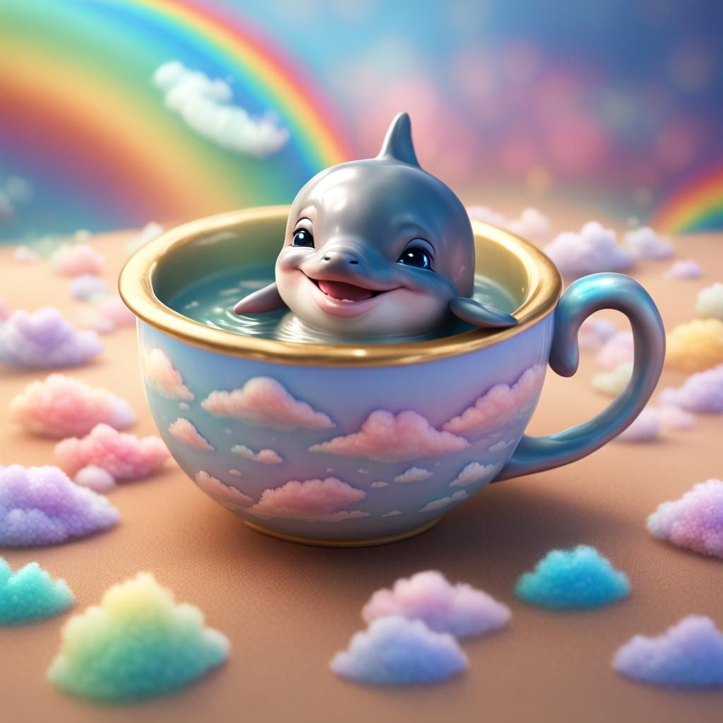 Baby Dolphin in Teacup on Rainbow Clouds