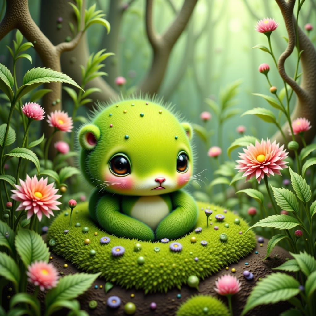 Moss Critter on Forest Floor in Watercolor Style