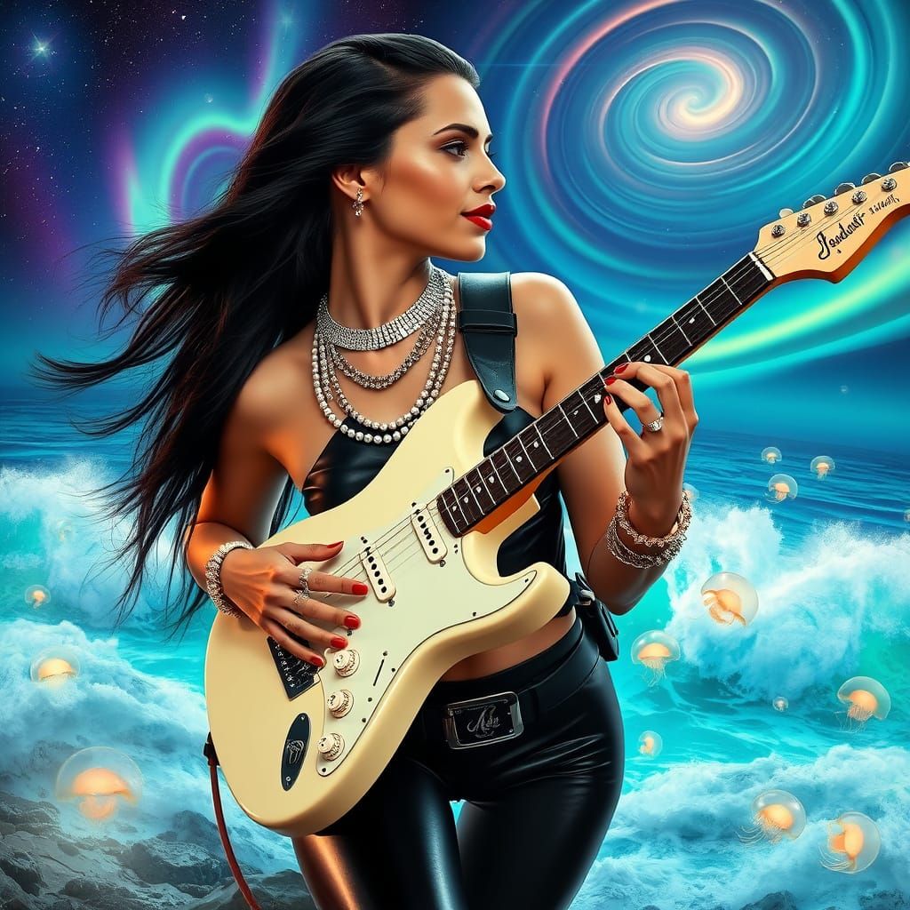 Sci-Fi Guitarist Flying Over Ocean Waves
