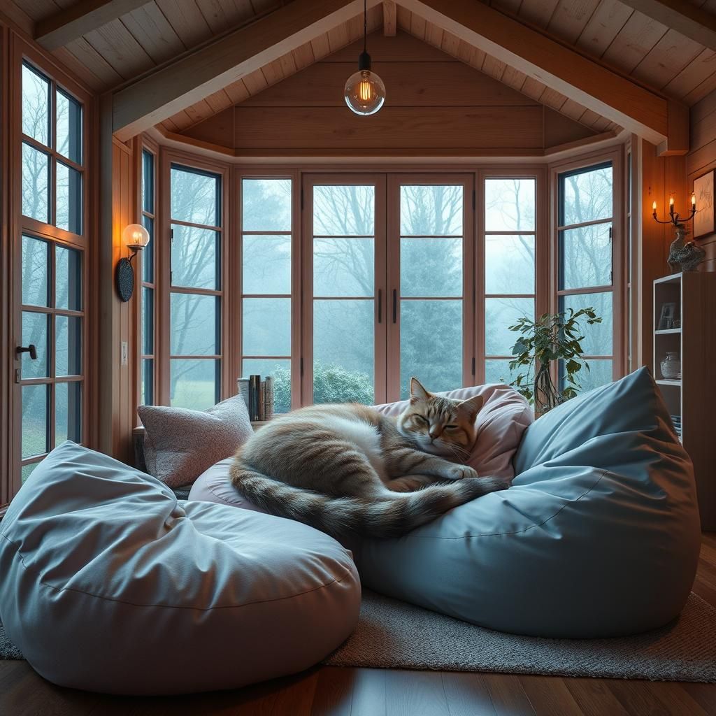 Cozy Home Interior with Giant Cat in Pastel Colors