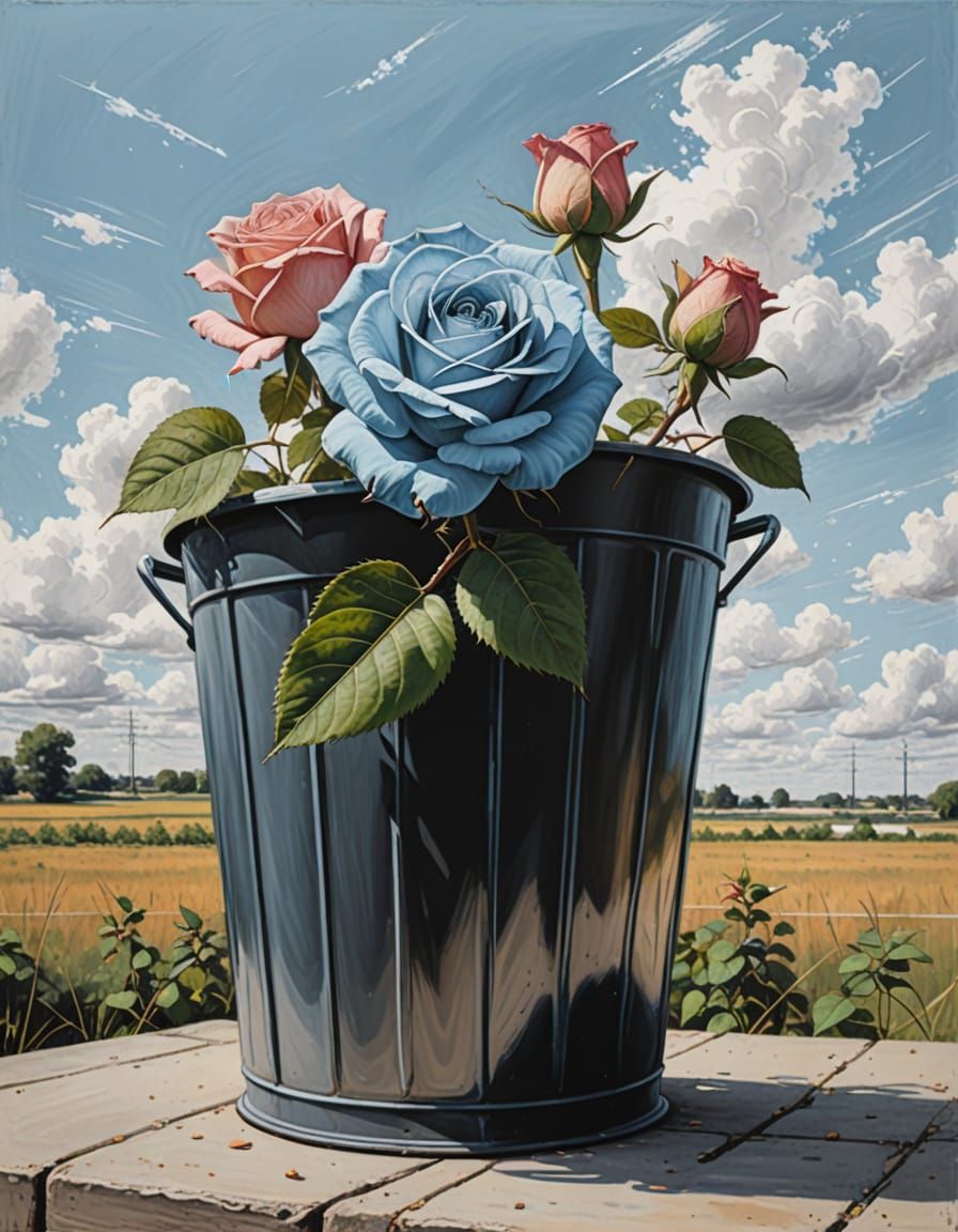 Rose Growing in Wastebasket: Dry Pastel and Pencil Drawing