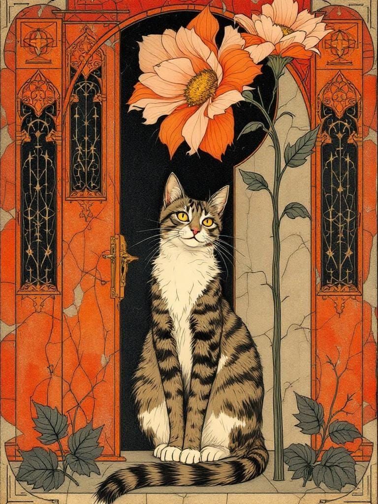 Cat Under Flower in Medieval Revival Style