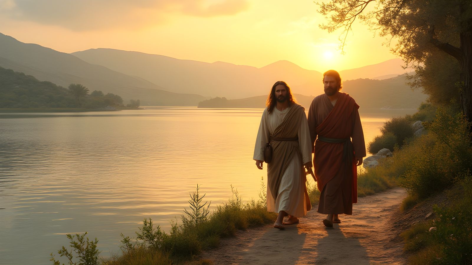 Jesus and Disciple by Galilee at Sunrise