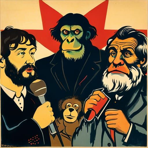Philosophers and Chimpanzee Rally in Soviet Poster Style