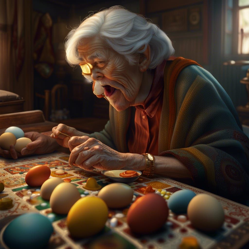 Fantastical Painting of Elderly Woman Playing Parcheesi