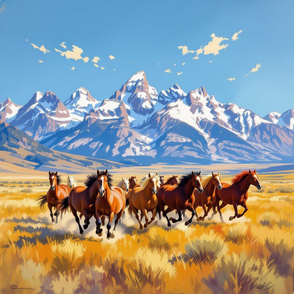 Wild Horses Running in Mountains, Painterly Style