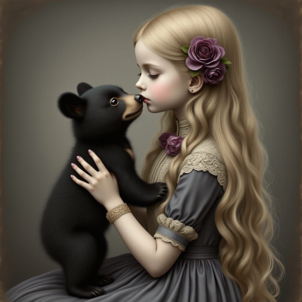 Innocent Girl Kisses Bear Cub in Whimsical Gothic Style
