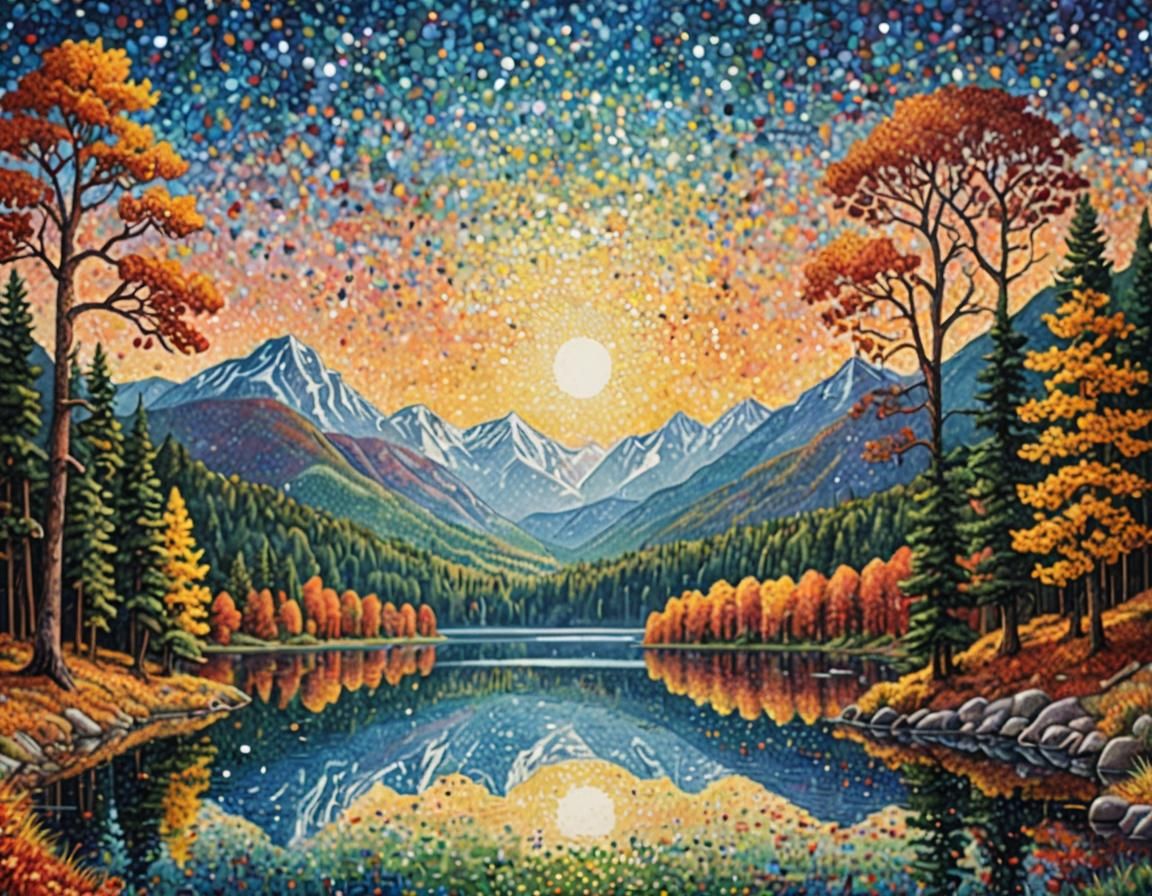 Pointillism: Lakeside Swiss Mountain View