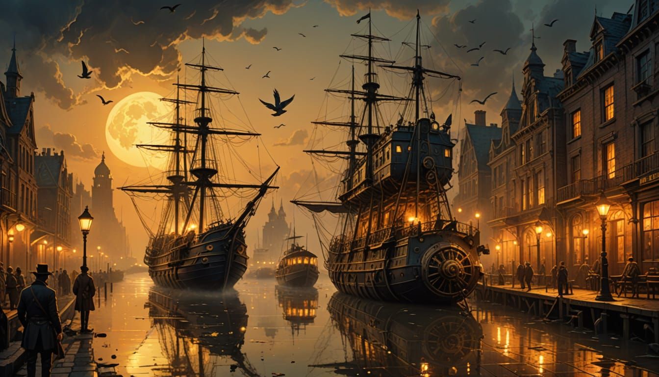 "Widescreen cinematic painting of a massive steampunk harbor...